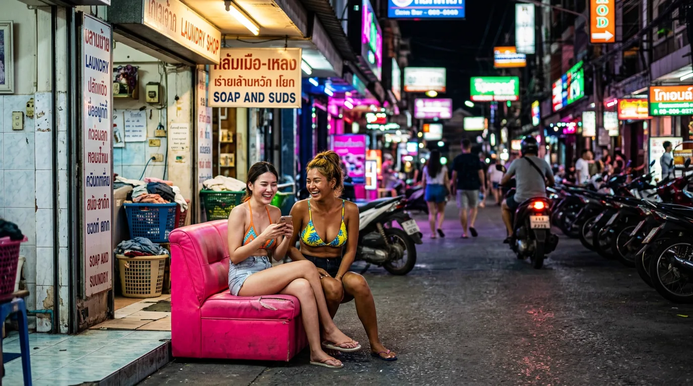Two masseuses waiting on a sofa outside a glass-front Thai massage shop at night